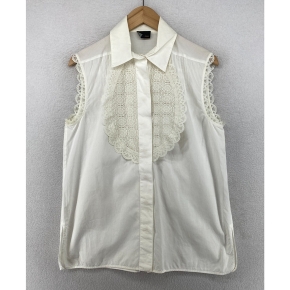 FENDI Top 46 S Lace Trim Tuxedo Shirt Blouse Hidden Button Sleeveless Off White - Picture 1 of 16